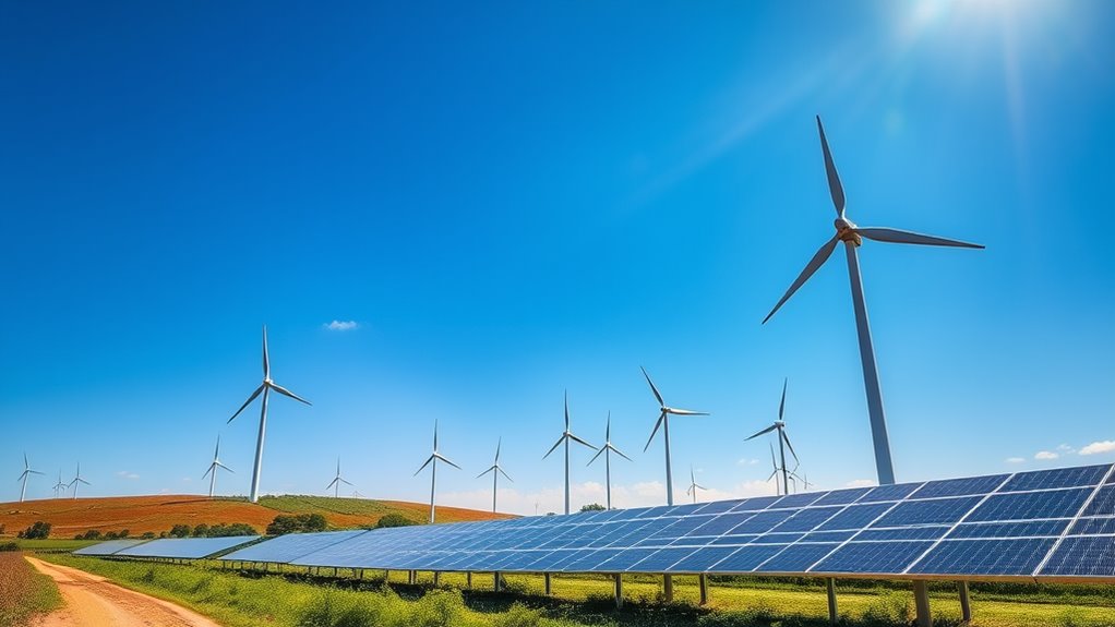 A vibrant landscape showcasing wind turbines and solar panels under a clear blue sky, with sun rays glimmering on the renewable energy installations, emphasizing sustainability.