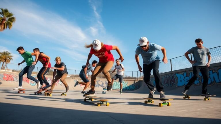 A vibrant skateboard park scene, showcasing diverse skaters in mid-action, colorful boards, natural lighting, with dynamic shadows and a backdrop of blue skies and urban graffiti
