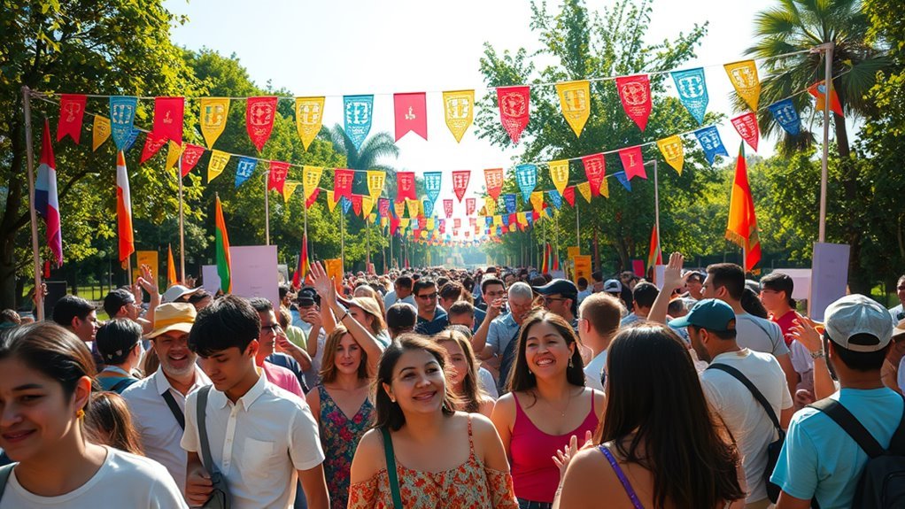 A vibrant celebration scene featuring people of diverse backgrounds joyfully gathering in a sunlit park, adorned with colorful banners and festive decorations, surrounded by lush greenery