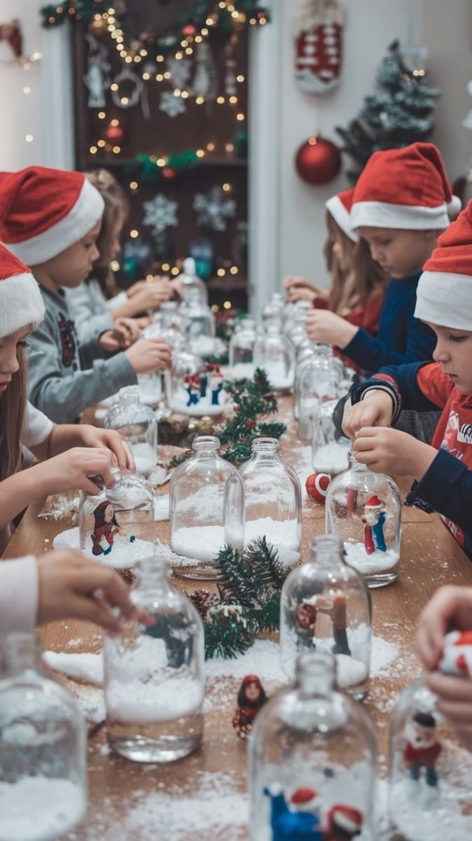 This may contain: a group of children sitting at a table with christmas decorations on it and wearing santa hats