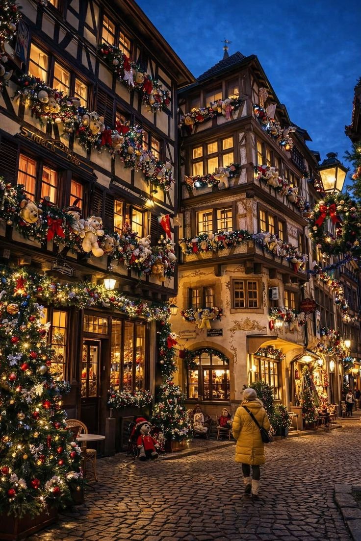 This may contain: a woman walking down a cobblestone street with christmas decorations on the buildings and trees