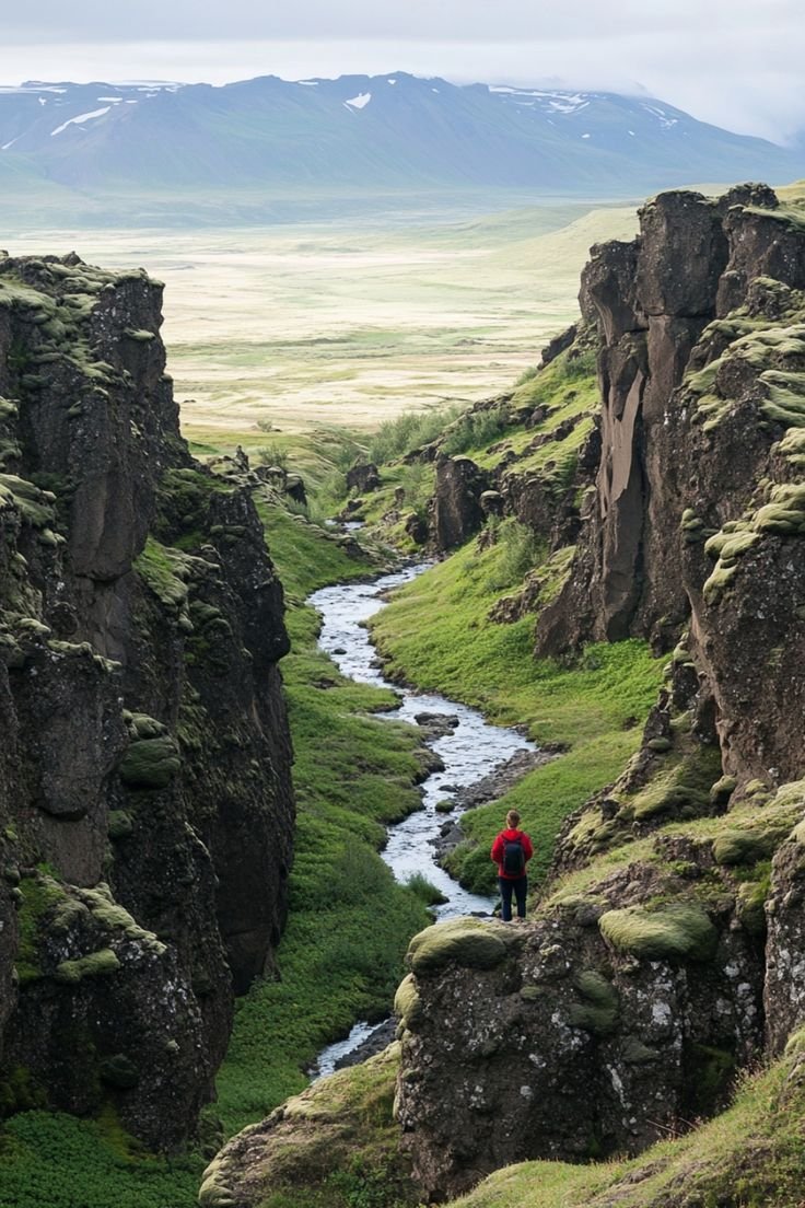 This may contain: a man standing on top of a cliff next to a river in the middle of a valley