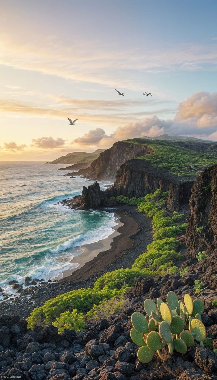 This may contain: birds flying over the ocean and rocky coastline at sunset with green plants on the rocks