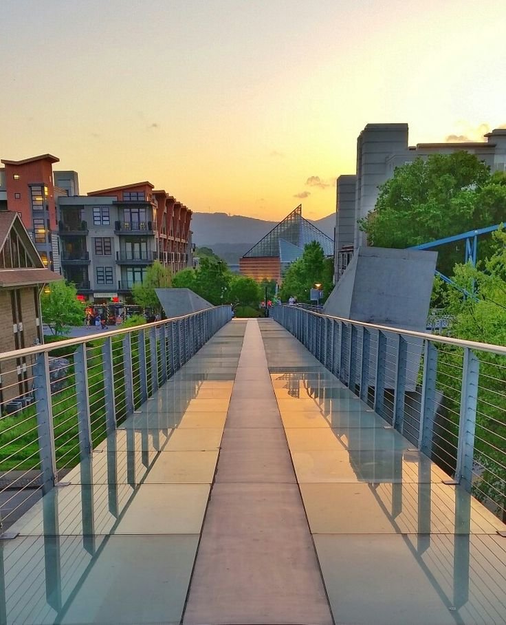 This may contain: a long walkway with railings leading to buildings and trees in the background at sunset