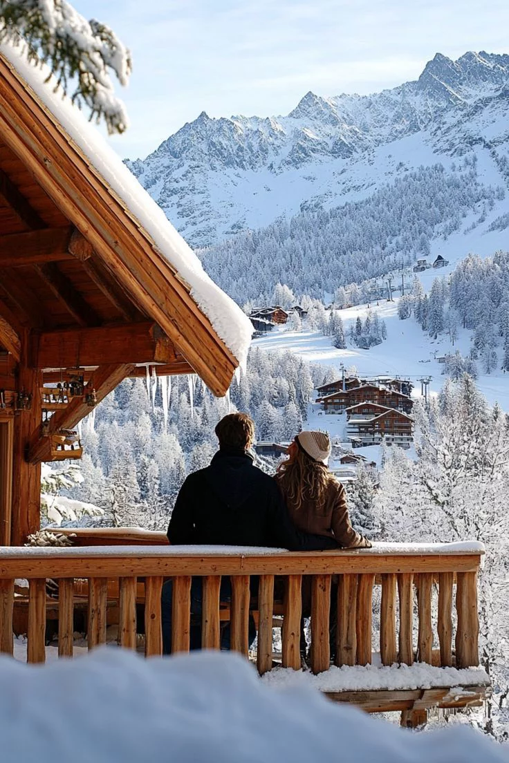 This may contain: two people sitting on a bench in front of a snowy mountain side area with trees and buildings