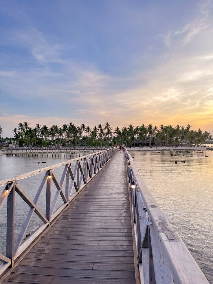 This may contain: a long wooden bridge over water with palm trees in the background at sunset or dawn