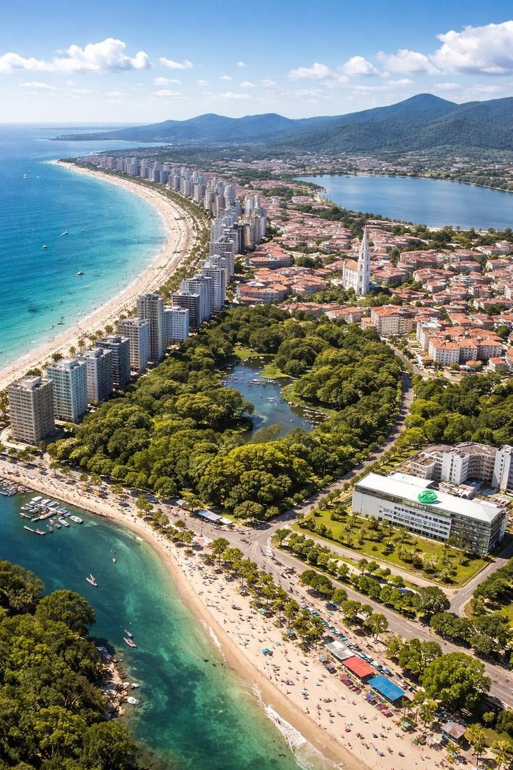 This may contain: an aerial view of the beach and ocean with many buildings in the foreground, surrounded by lush green trees