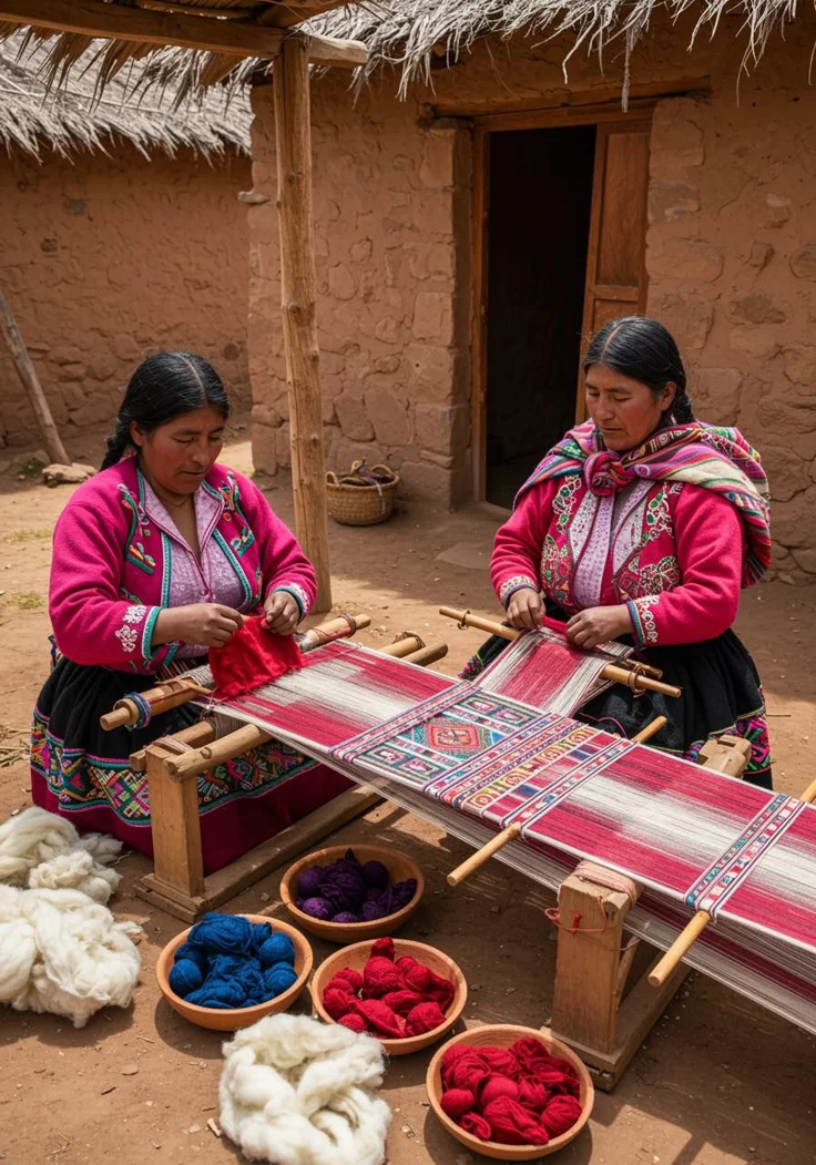 This may contain: two women sitting at a table working on weaving