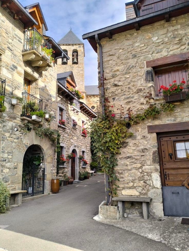 This may contain: an alley way with stone buildings and flowers growing on the windows, doors and balconies
