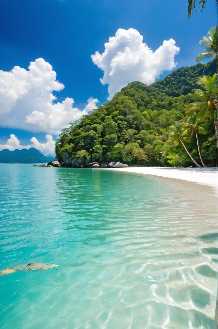 This contains: Experience paradise in Langkawi, Malaysia. Turquoise waters, white sands, and swaying palms await. Explore the archipelago, discover hidden hot springs, and embrace the island's laid-back charm. #Langkawi #Malaysia #Travel