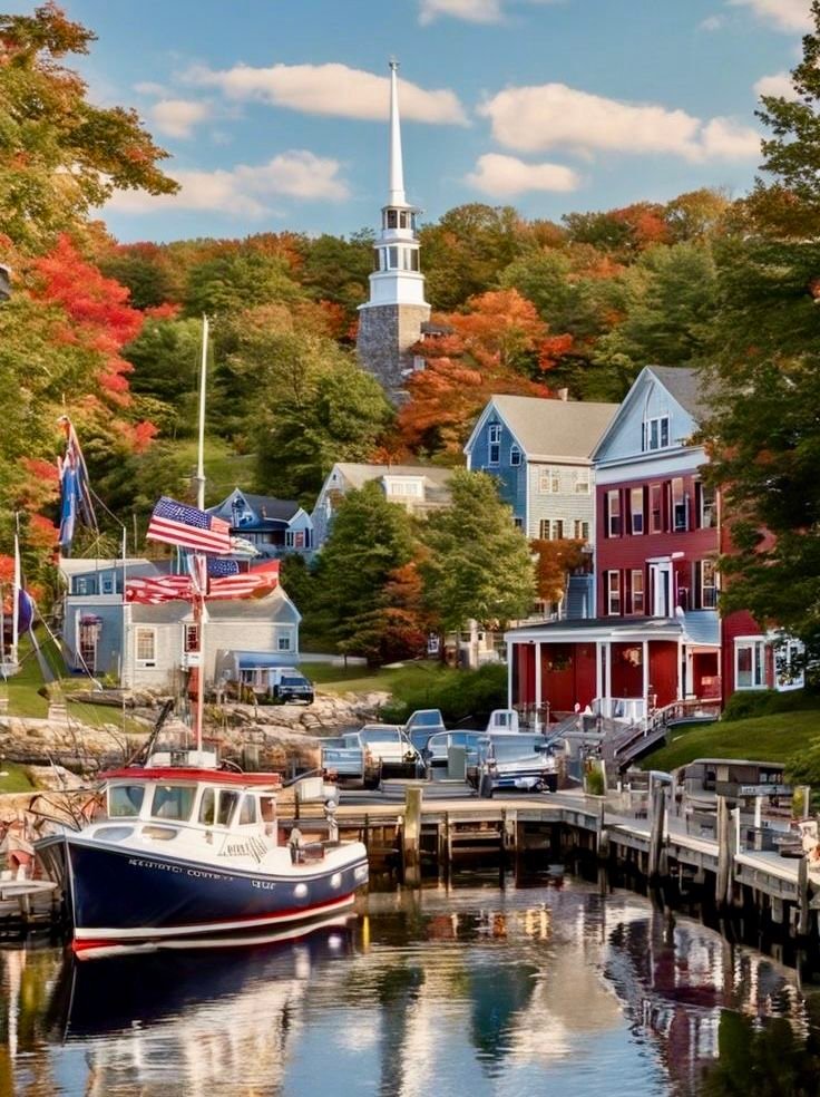 This may contain: a boat is docked at the dock in front of some houses and an american flag