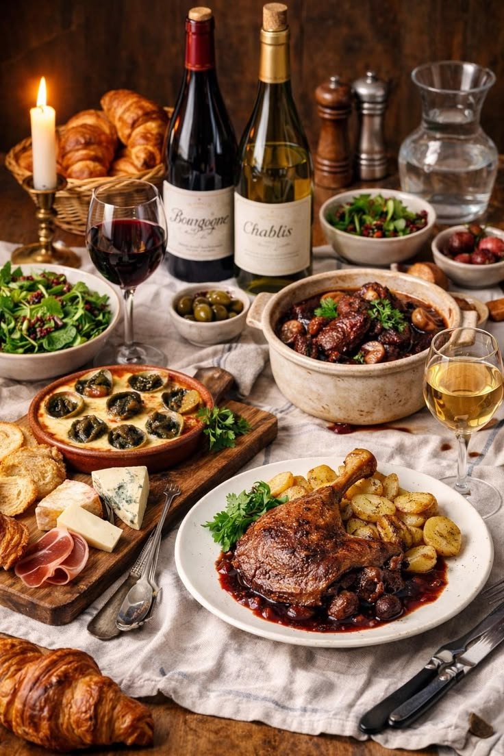 This may contain: a table topped with lots of food and wine