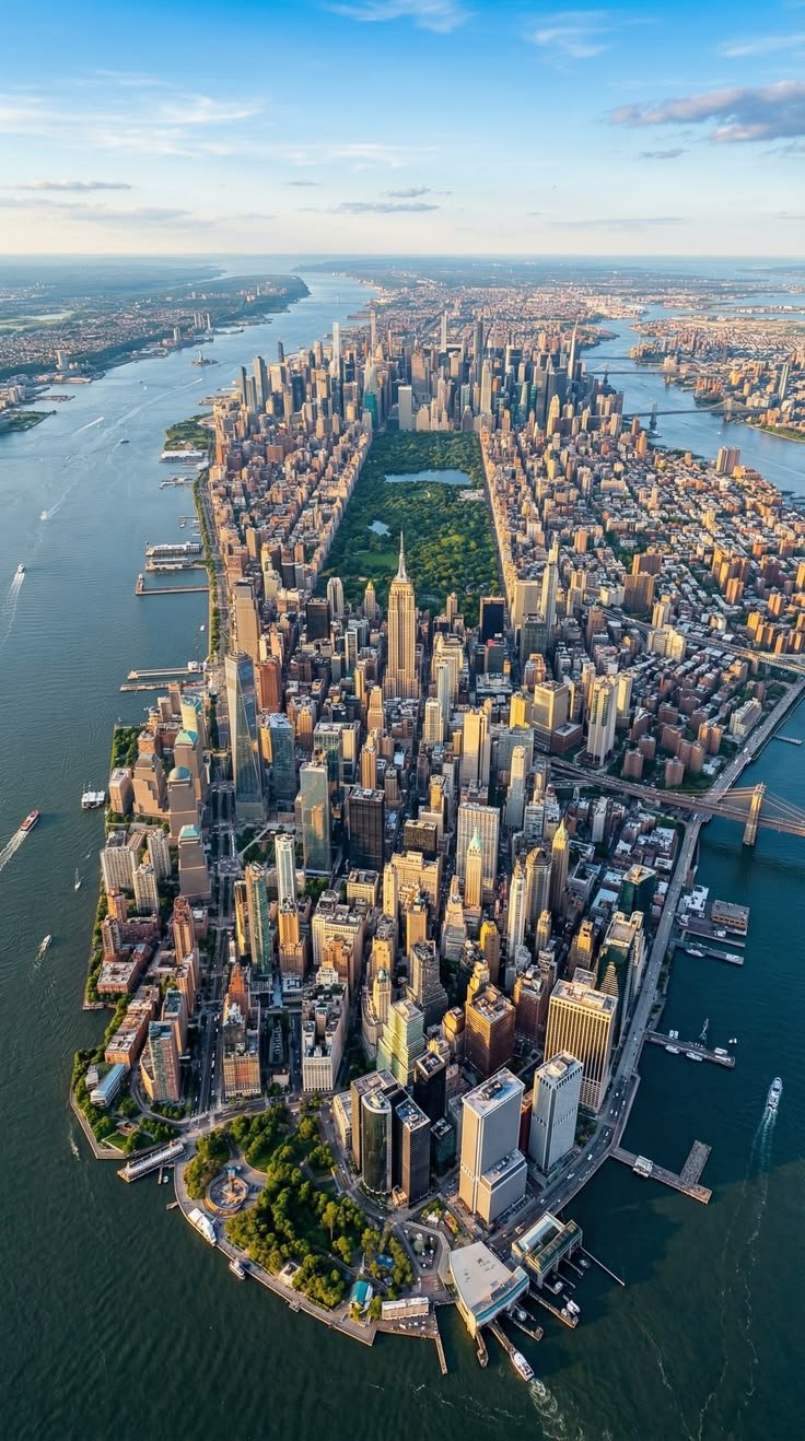 This may contain: an aerial view of new york city and the hudson river, with manhattan in the background