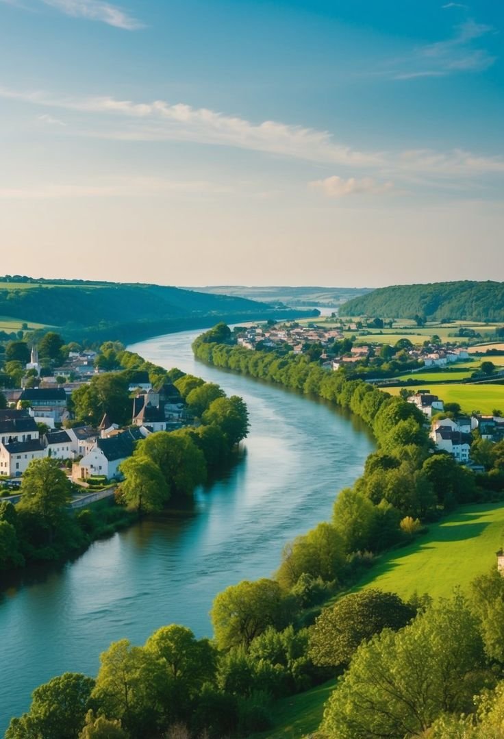 This may contain: a river running through a lush green countryside