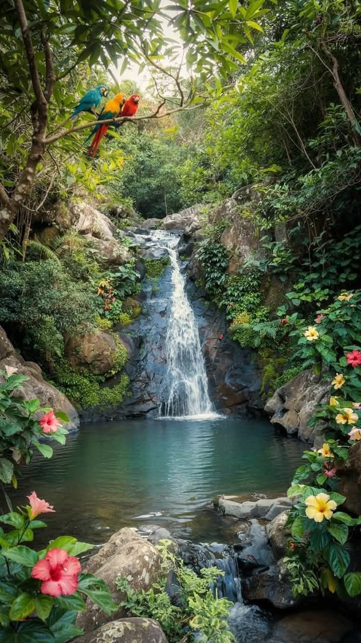 This may contain: a bird flying over a small waterfall in the middle of a forest filled with flowers
