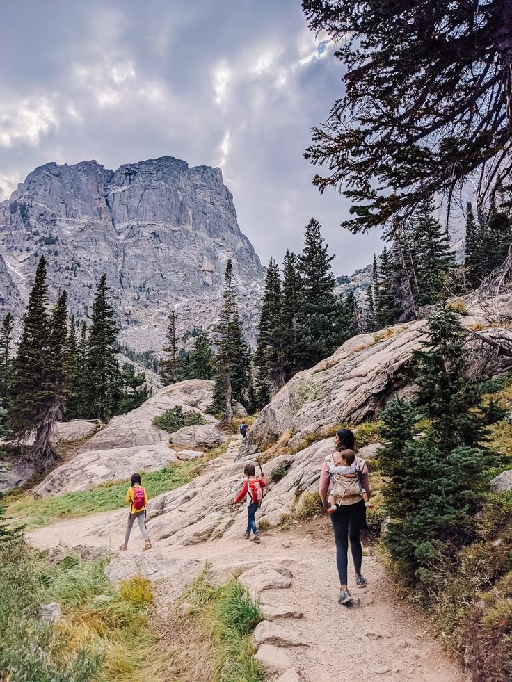 This may contain: three people hiking up a trail in the mountains with trees and rocks on either side