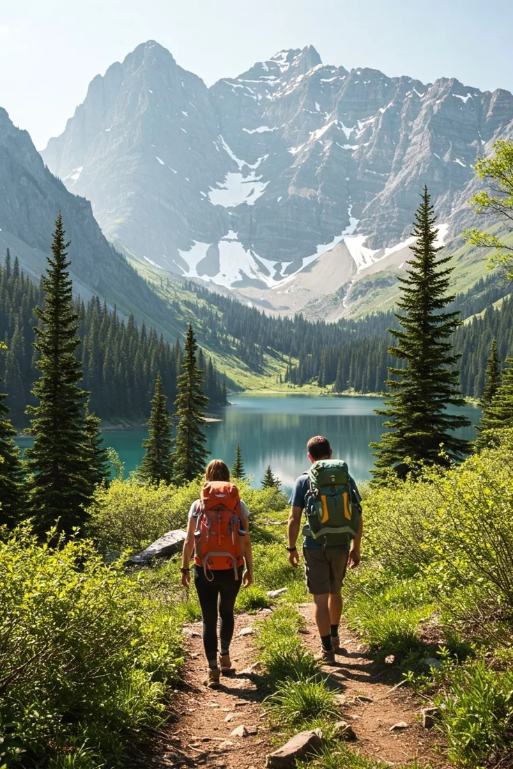 This may contain: two people walking up a trail towards a mountain lake