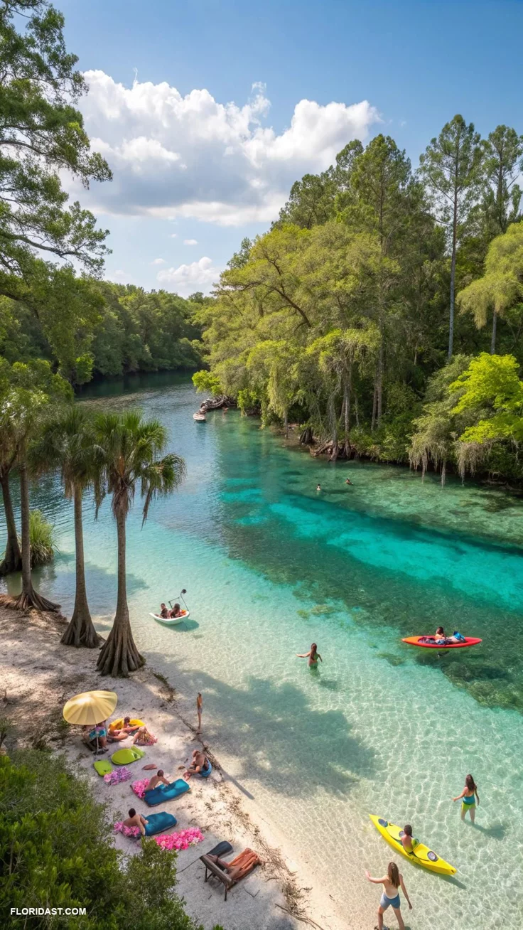 This may contain: people are on the beach with kayaks and canoes in clear blue water surrounded by trees