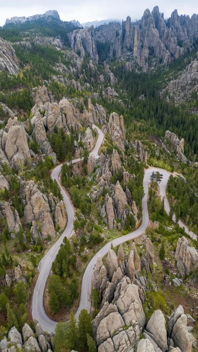 This may contain: an aerial view of a winding road in the mountains with trees and rocks on either side