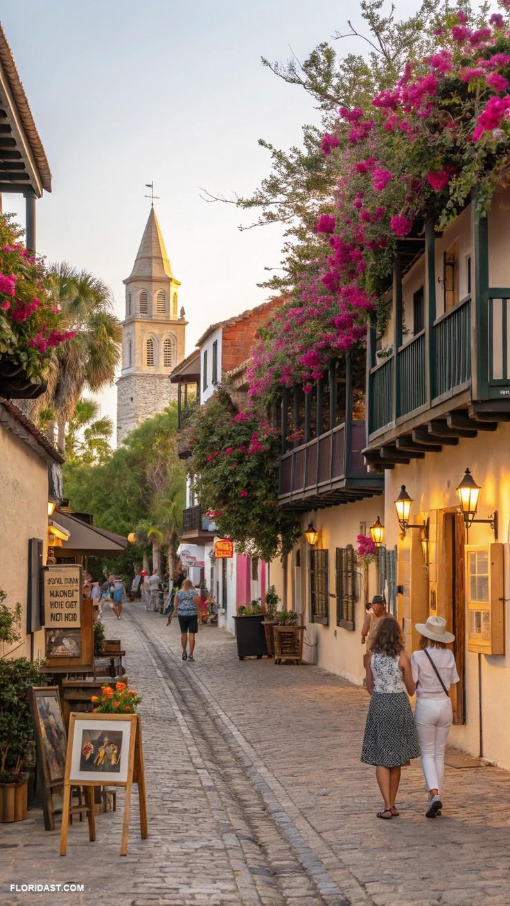 This may contain: two women walking down the street in front of buildings with pink flowers on them and a clock tower behind them