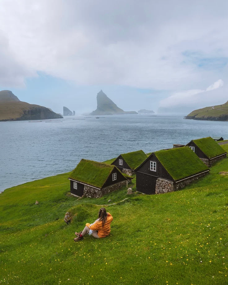 This may contain: a woman sitting on top of a lush green hillside next to a body of water