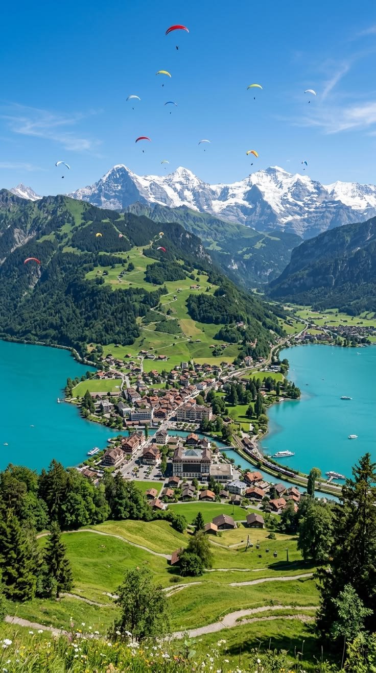 This may contain: an aerial view of a village and lake surrounded by mountains with kites flying in the sky