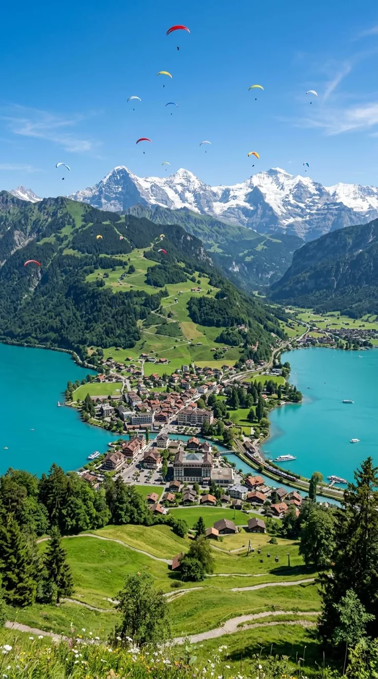 This may contain: an aerial view of a village and lake surrounded by mountains with kites flying in the sky
