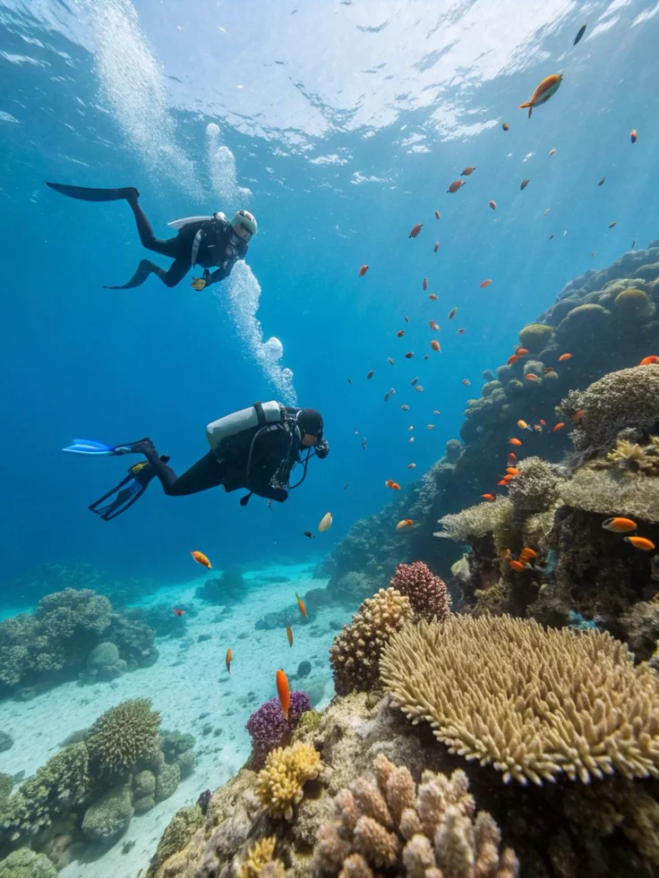 This may contain: two people swimming in the ocean surrounded by corals and other marine life on a sunny day