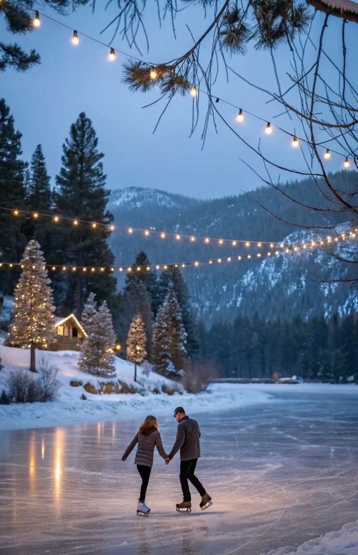 This may contain: two people skating on an ice rink with lights strung over the trees and mountains in the background