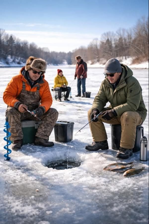 This may contain: two men are fishing in the snow with ice buckets