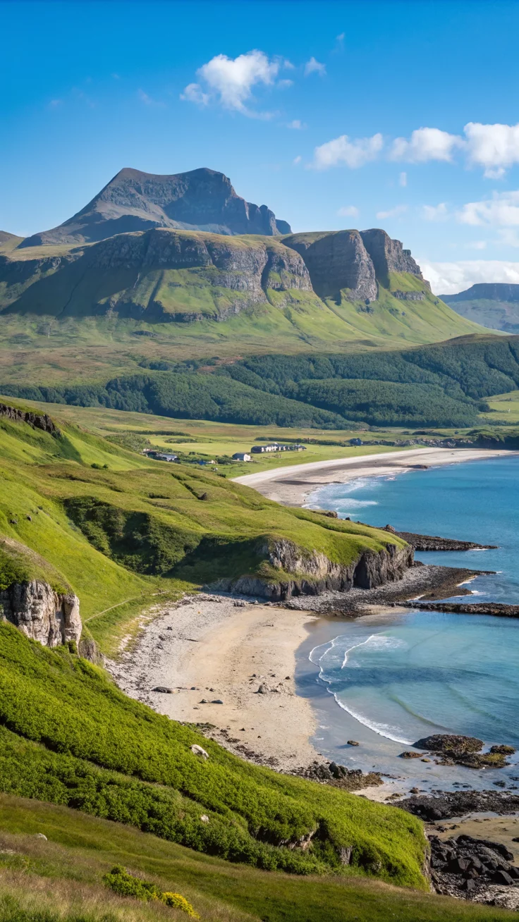 This may contain: an island with mountains in the background and green grass on both sides, surrounded by blue water
