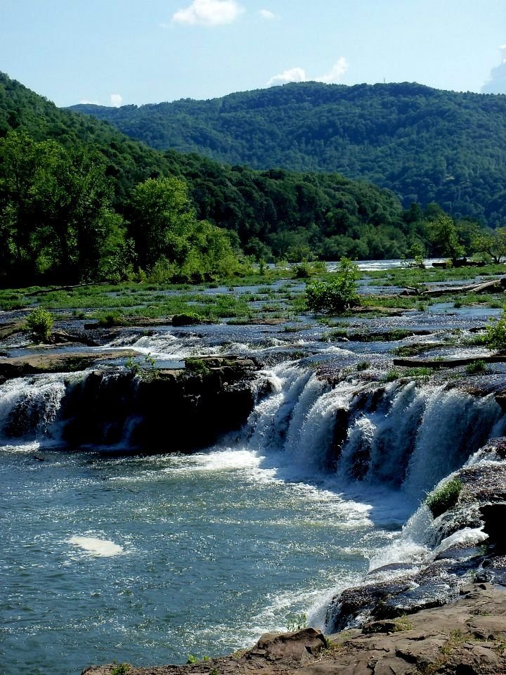 This may contain: there is a waterfall that has water coming out of it and trees in the background