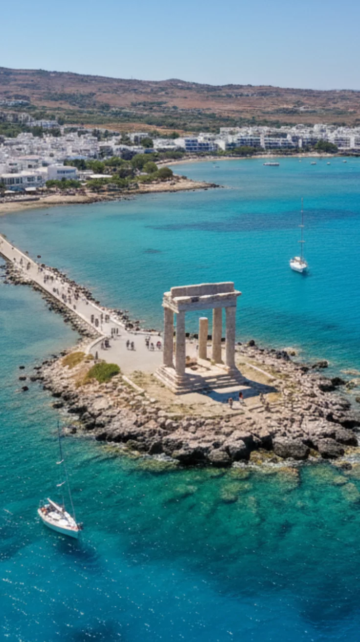 This may contain: an aerial view of the ocean with boats and buildings in the background, including a large structure