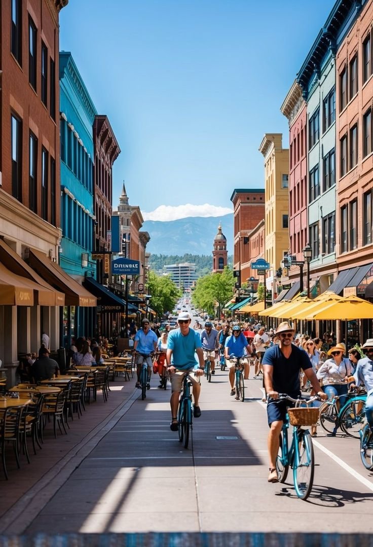 This may contain: several people riding bicycles down a street lined with tables and chairs in front of buildings