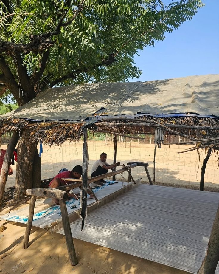 This may contain: two people laying on a beach under a shelter in the sand with trees around them