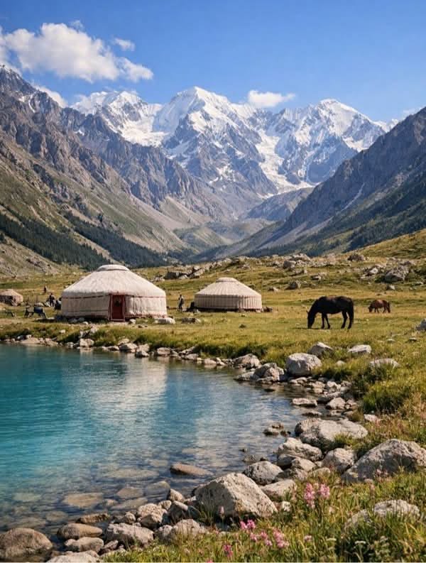 This may contain: horses graze on the grass next to a mountain lake and yurts in the background