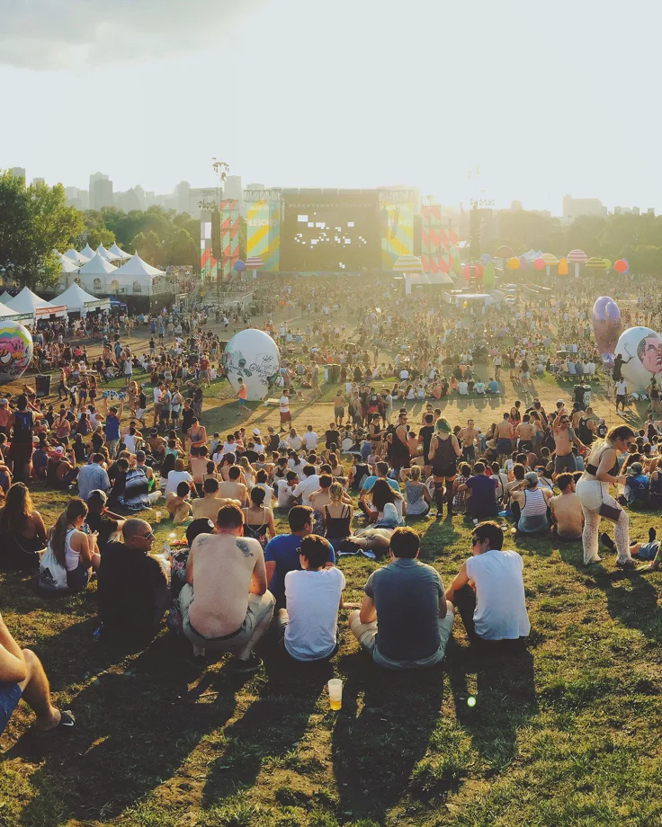 This may contain: a large group of people sitting on top of a lush green field