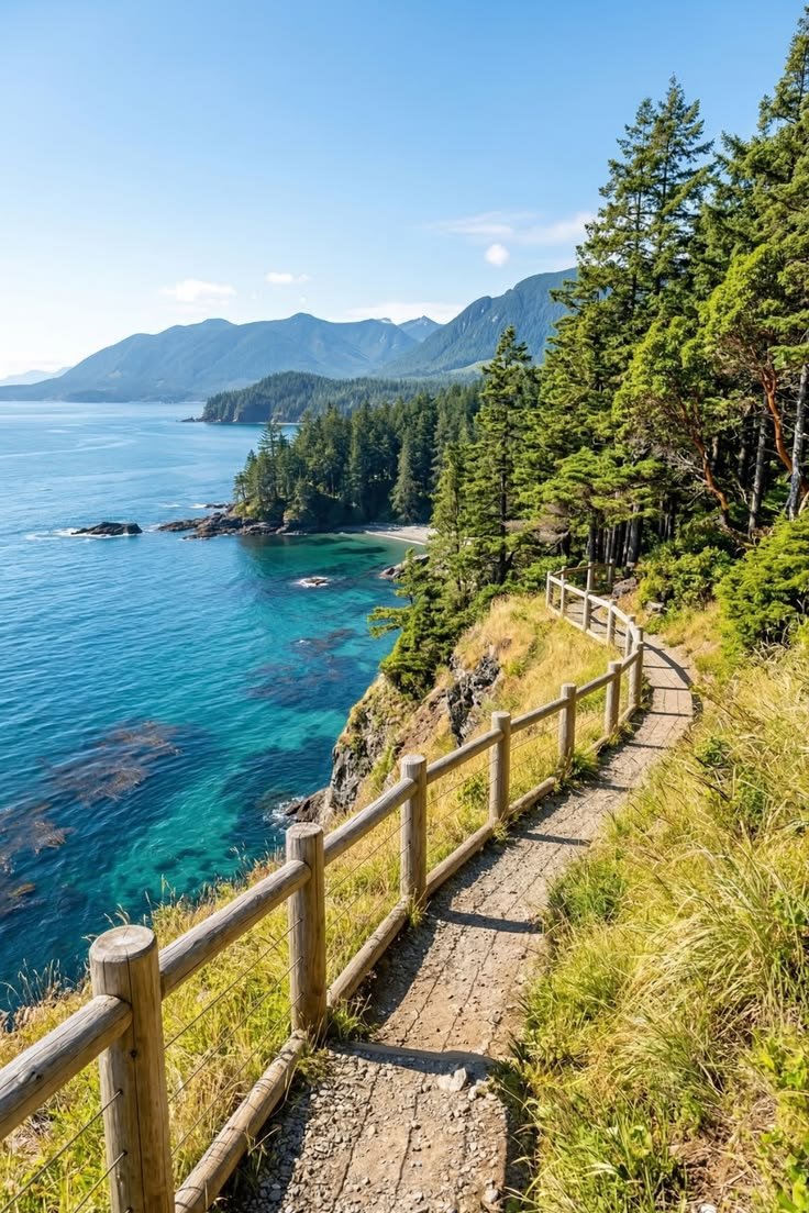This may contain: a wooden path leading down to the ocean on a sunny day with mountains in the background