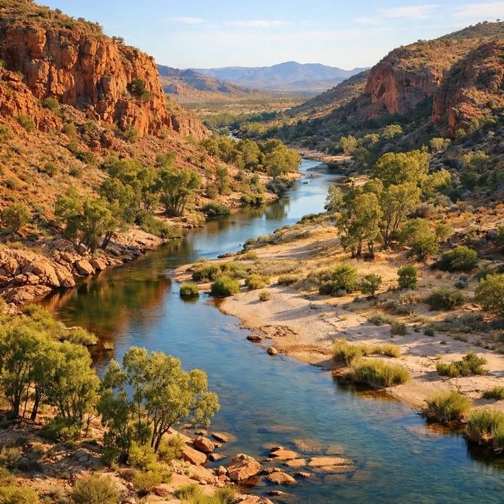 This may contain: a river running through a valley surrounded by rocky hillsides and green trees in the foreground