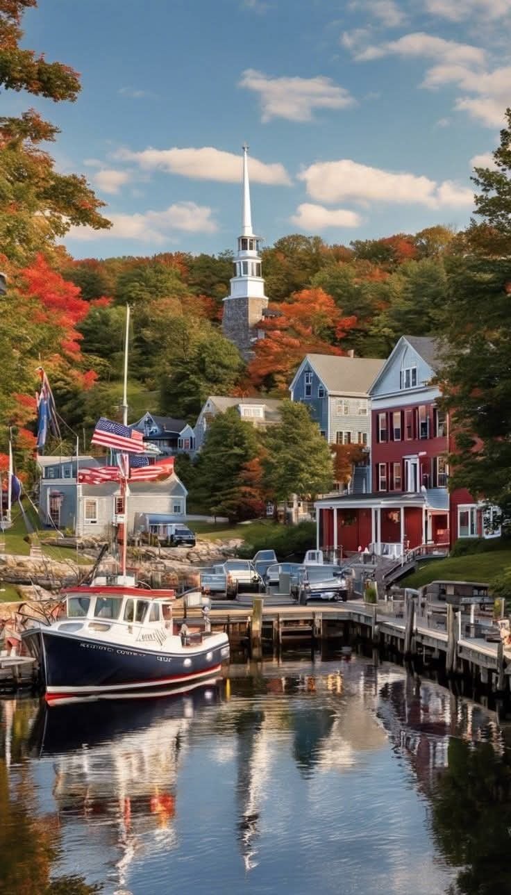 This may contain: boats are docked at the dock in front of houses with autumn foliage on the trees