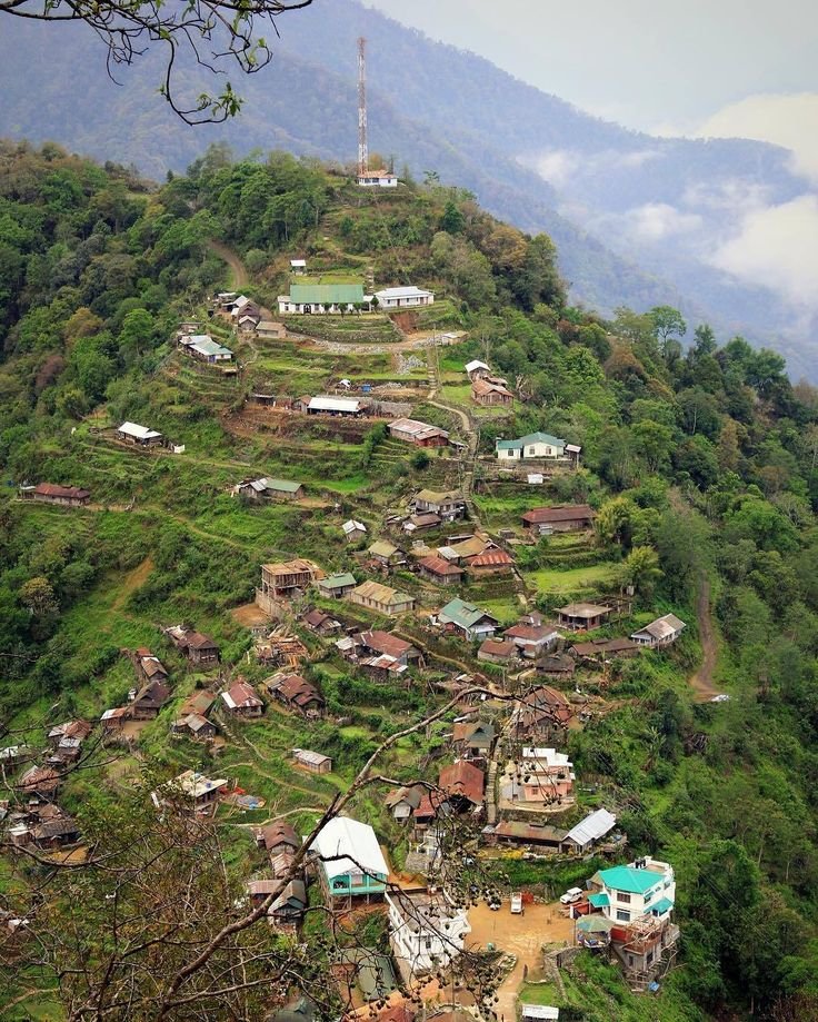 This may contain: a small village on the side of a mountain with lots of trees and houses around it