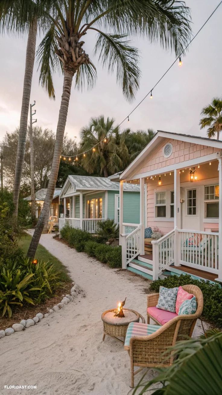 This may contain: a pink house with white porches and palm trees