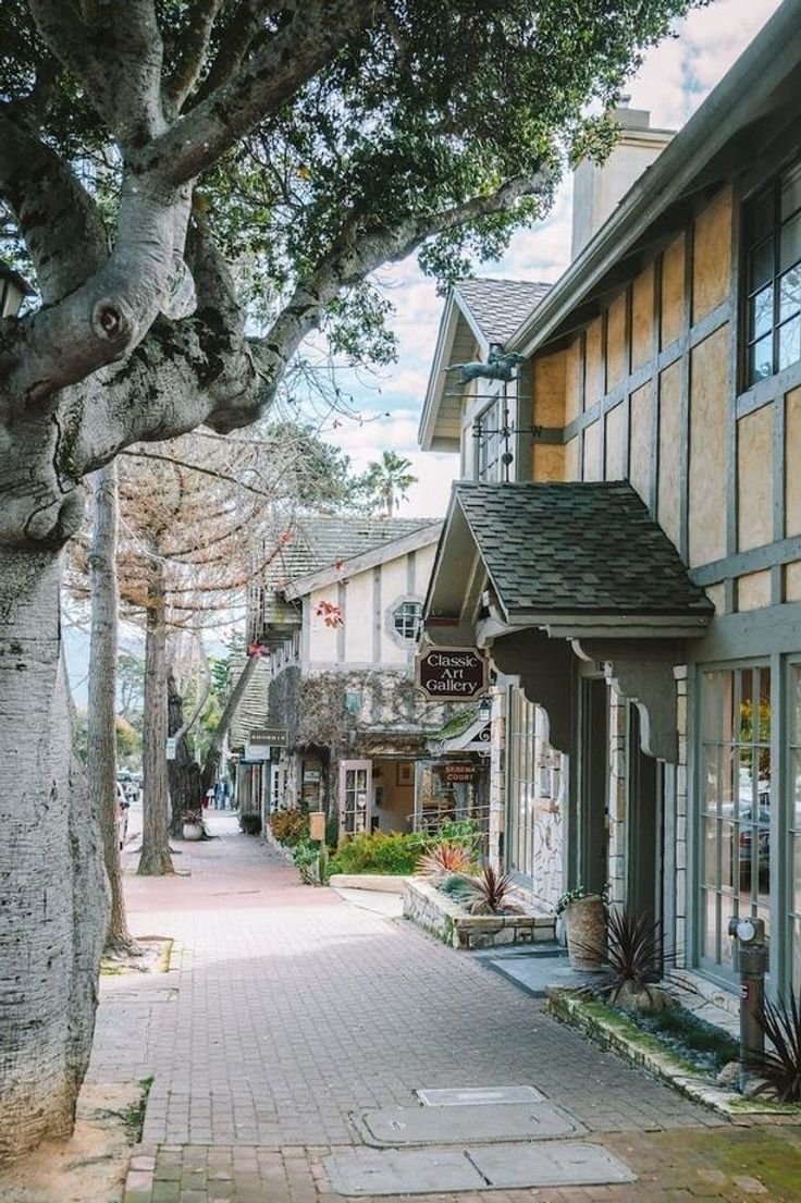 This may contain: an empty street lined with shops and trees