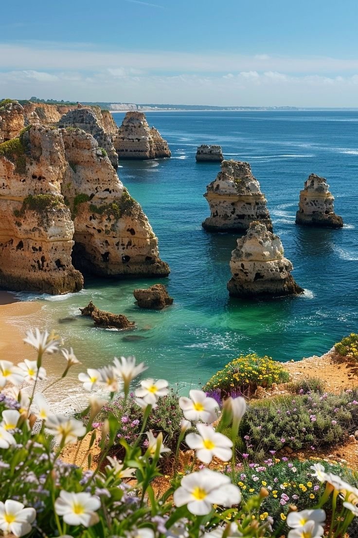 This may contain: the ocean is full of rocks and flowers