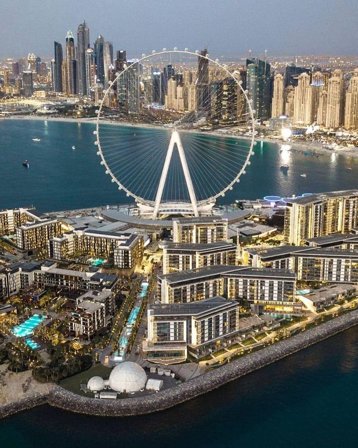 This may contain: an aerial view of a large city with a ferris wheel in the middle of it