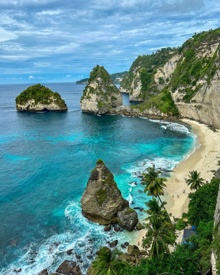 This may contain: an aerial view of the beach and ocean with rocks in the foreground, surrounded by palm trees