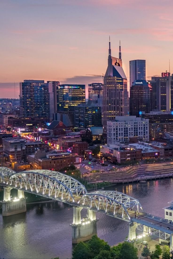 This may contain: the city skyline is lit up at night, with bridges and buildings in the foreground
