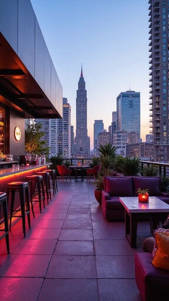 This may contain: the rooftop bar is lit up with red lights and purple chairs, overlooking the city skyline