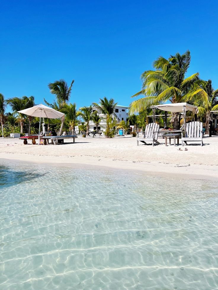 This may contain: chairs and umbrellas on the beach with clear water