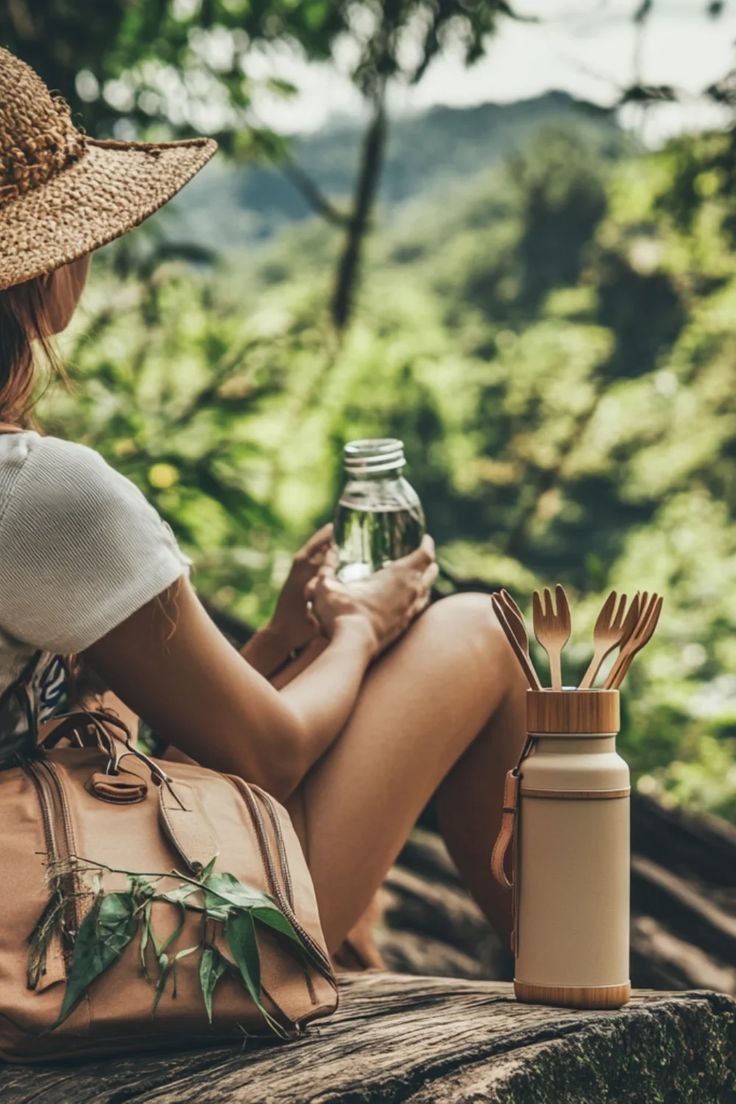This may contain: a woman sitting on top of a tree trunk holding a jar filled with utensils